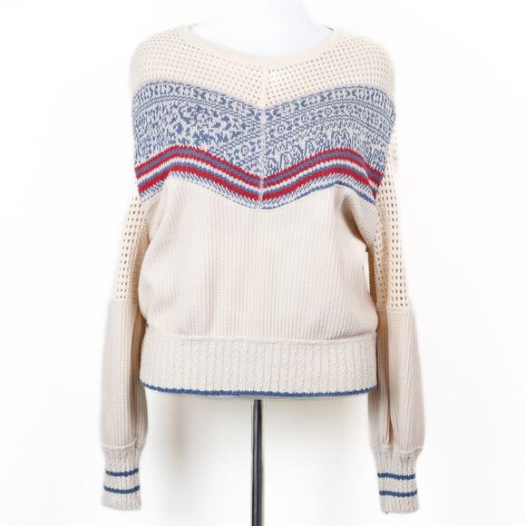 Free People Size M Geo Party Sweater Pullover Waffle Knit Ivory Blue Orange - Picture 4 of 11
